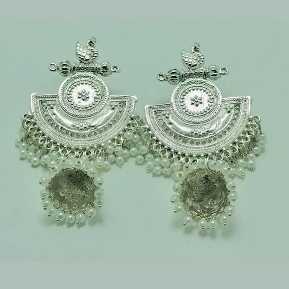 Massive Dangle Earrings, Oxidized Silver Indian Earrings, Handmade Silver Tone - Picture 3 of 8